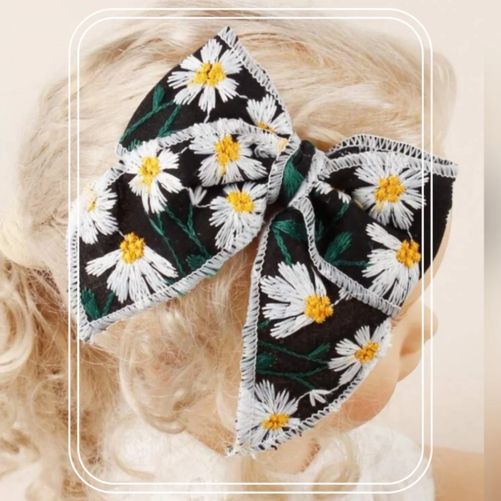 Girls Embroidered Daisy Floral Bow Hair Clip Oversize Ponytail Barette Accessory
